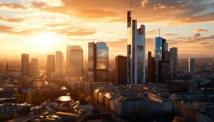 Golden Hour Glow Over Frankfurt Skyline, A stunning cityscape view with modern skyscrapers silhouetted against a vibrant sunset, painting the sky with warm hues,