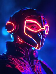 Naklejka premium Neon-Edged Visionary, A Cyberpunk Figure Bathed in Electric Hues, Embodiment of Futuristic Mystery