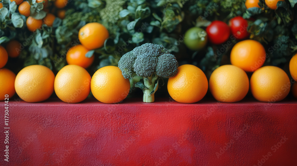 Poster Minimalist composition featuring a single broccoli floret balanced on a contrasting color block,