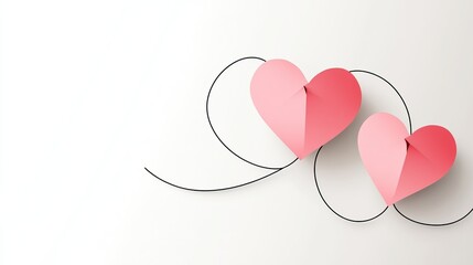 Romantic vector illustration of two pink paper hearts connected by a black line on a white background, symbolizing love, unity, and connection in minimalistic design.