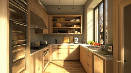 A modern kitchen featuring wooden cabinets, appliances, and natural light.