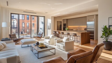 Fototapeta premium Clean and modern living room and kitchen with an open-concept design, featuring glass doors and a warm, sunlit atmosphere