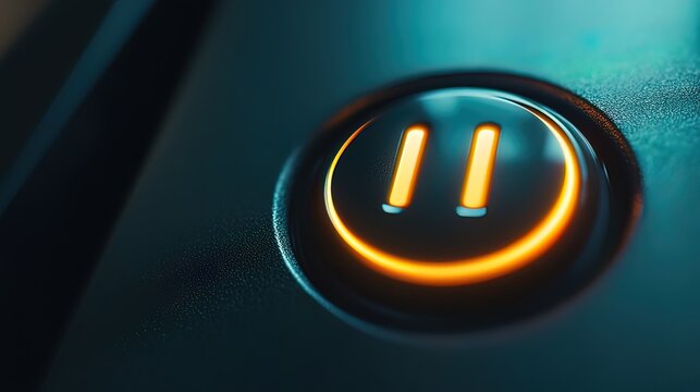 Close-up of illuminated pause button on dark surface.