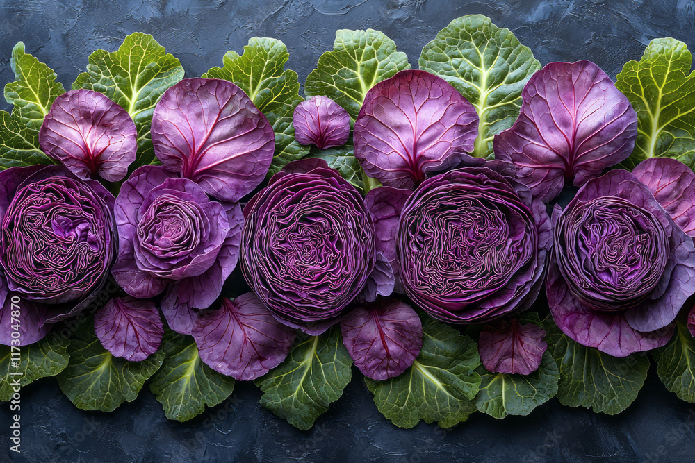 Poster vibrant red cabbage slices arranged in a floral pattern, showcasing intricate layers,