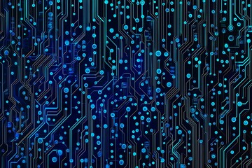 Abstract close-up of a glowing blue digital circuit board, showcasing intricate connections and technological design on a black background.
