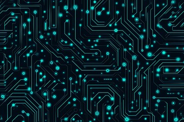 Abstract close-up of a glowing blue digital circuit board, showcasing intricate connections and technological design on a black background.
