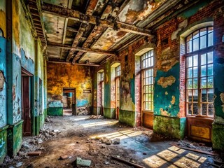 Fototapeta premium Abandoned Urban Building Interior: Decaying Beauty, Grunge Textures, Dark Room, Urban Exploration Photography