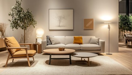 Warm and inviting contemporary living room featuring neutral tones, natural materials, and elegant lighting that creates a tranquil and stylish space,