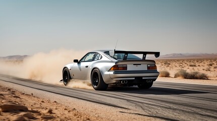 Silver Sports Car Drifting on Desert Road