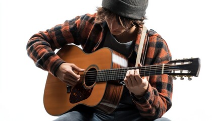 Focused Musician Immersed in Melodies, Guitar Strumming Against a Clean White Background, Wearing Plaid and Beanie,