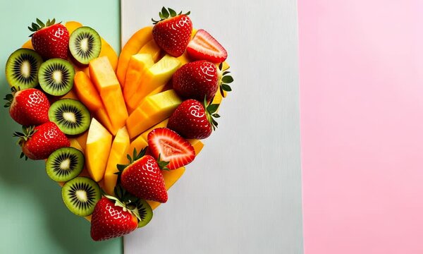 Heart made of different berries and fruits like strawberries, kiwi and mango. Copy space for text