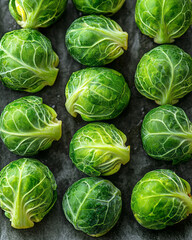 Fototapeta premium Rows of Brussels sprouts lined neatly on a parchment sheet, ready to roast,