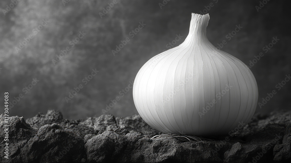Poster monochrome concept of a peeled onion against a dark background, emphasizing shape and shadow,