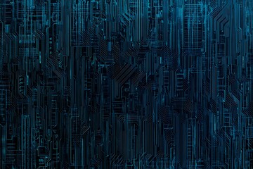 Abstract close-up of a glowing blue digital circuit board, showcasing intricate connections and technological design on a black background.
