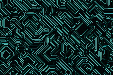 Abstract close-up of a glowing blue digital circuit board, showcasing intricate connections and technological design on a black background.
