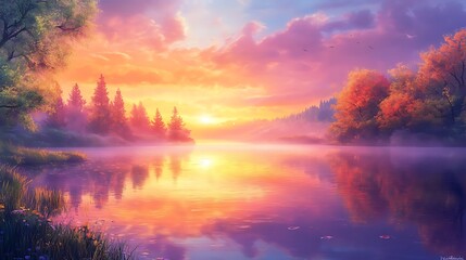 Fototapeta premium Sunrise over serene lake with reflections of trees and a colorful sky