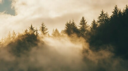 Obraz premium Mystical Forest Scene with Sunlight Piercing Through Dense Fog.