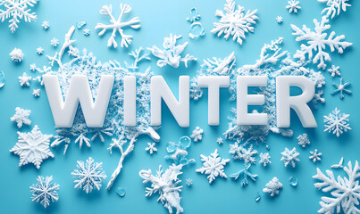 Winter Text with Snow and Snowflakes on Blue Background