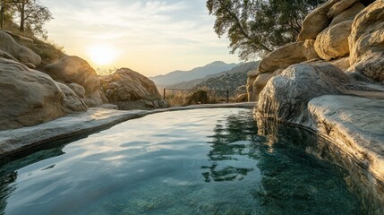 A scenic view of a hot spring pool carved into natural rocks, with crystal-clear water reflecting the golden hues of sunset, nestled in a peaceful mountain setting.