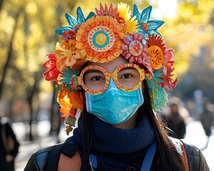 Woman wearing colorful floral headdress and face mask outdoors.