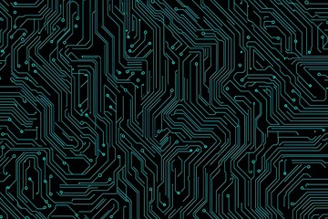 Abstract close-up of a glowing blue digital circuit board, showcasing intricate connections and technological design on a black background.
