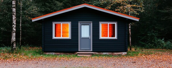 Cozy Dark Cabin in Autumn Woods Illuminated Windows Red Roof