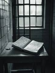 A Silent Testimony, Handwritten Pages in a Stark Room, Illuminated by a Pale Window, Offering a Glimpse into Solitude or Imprisonment,