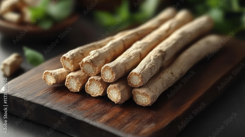 Poster close-up of ashwagandha roots neatly arranged on a wooden board with a hint of soft window light,