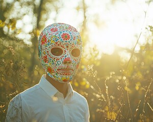 Man in ornate skull mask outdoors at sunset.