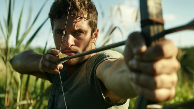 Close-up of a young male archer aiming a drawn bow and arrow in a sunlit field surrounded by tall grass, showing intense focus and determination with a clear blue sky in the background.