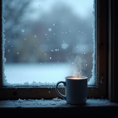 Steaming coffee cup on frosty windowsill in winter