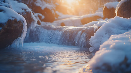 A frozen waterfall glistening in the sunlight, with frosted rocks as the background, during a bright winter day