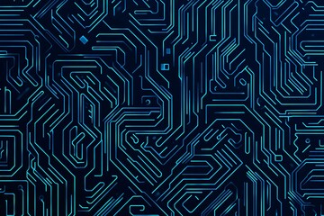 Abstract close-up of a glowing blue digital circuit board, showcasing intricate connections and technological design on a black background.
