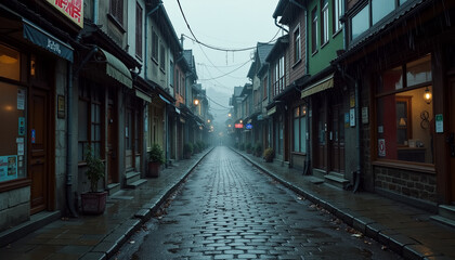Obraz premium Empty cobblestone street in a rainy old town