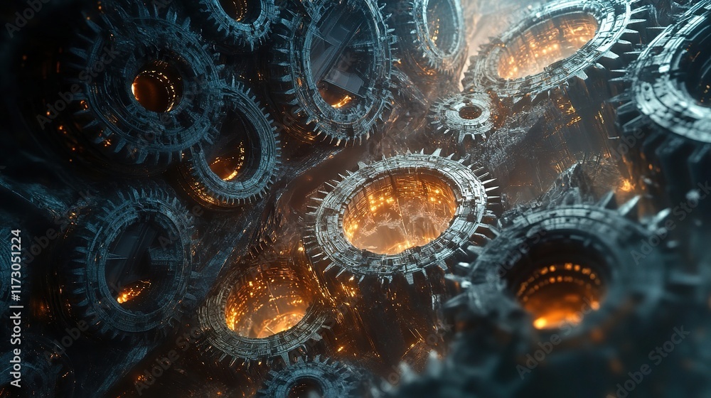 Poster abstract 3d rendering of interconnected gears in dynamic lighting