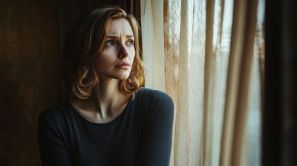 Fototapeta premium A professional woman with a focused look, standing near a window with soft natural lighting streaming in, reflecting determination