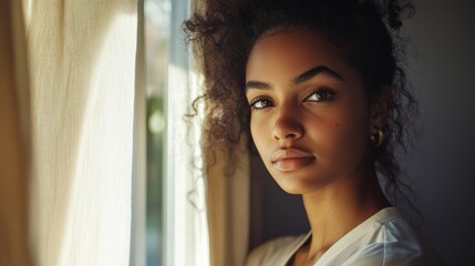 A professional woman with a focused look, standing near a window with soft natural lighting streaming in, reflecting determination