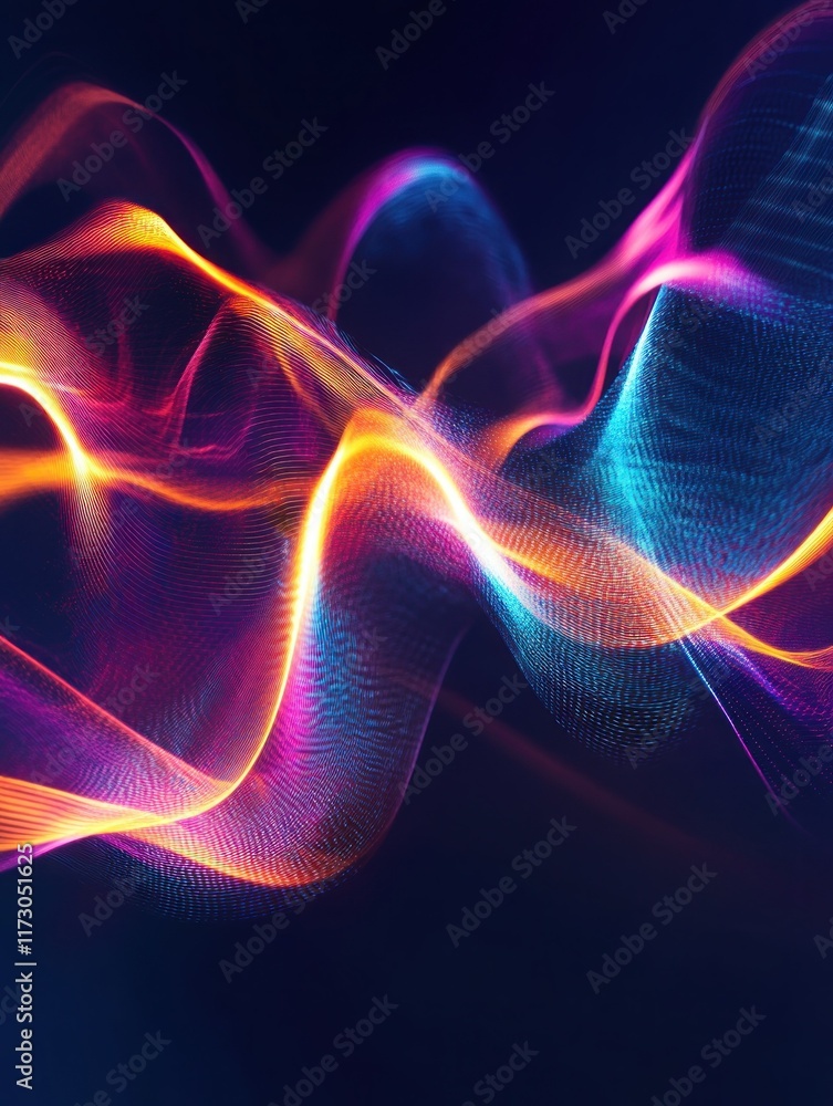 Poster vibrant digital waves, an abstract display of glowing particle streams flowing in a serpentine path 