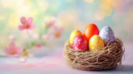 Obraz premium Vermicelli nest design featuring colorful Easter eggs on a spring background
