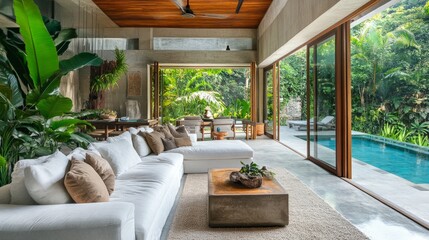 Contemporary villa interior with large windows, a view of the pool and jungle, and a bright, open space filled with natural light.