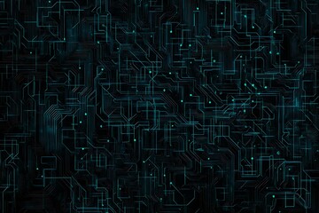 Abstract close-up of a glowing blue digital circuit board, showcasing intricate connections and technological design on a black background.
