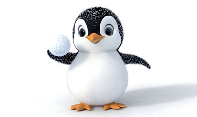 Fototapeta premium Cute cartoon penguin holding a snowball.