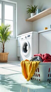 Leaky washing machine flooded the floor with water. Broken washing machine, leak causing damage, flooding problem