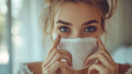 Close-up portrait of a young woman with blue eyes gently holding a white facial mask.