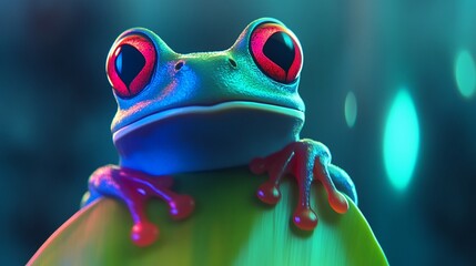 Vibrant red-eyed tree frog on leaf.