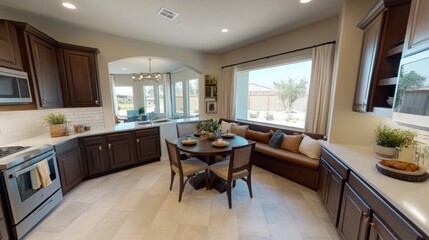 A modern kitchen with dark cabinets, a dining area, and a cozy window seat.