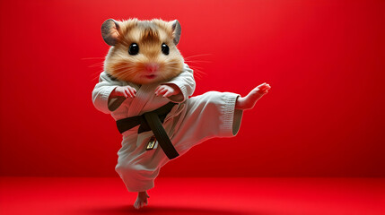 Energetic hamster in a karate uniform performing a kick, symbolizing strength and discipline, perfect for martial arts branding or motivational campaigns