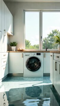 Leaky washing machine flooded the floor with water. Broken washing machine, leak causing damage, flooding problem