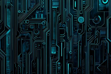 Abstract close-up of a glowing blue digital circuit board, showcasing intricate connections and technological design on a black background.
