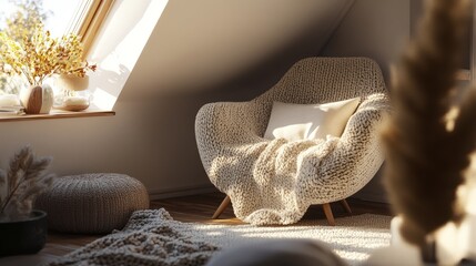 Cozy attic corner featuring a modern armchair, a knitted throw, and decorative cushions with soft, natural light.